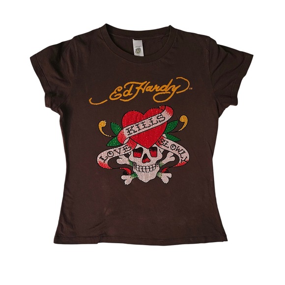 Ed Hardy Tops - Y2k Ed Hardy Shirt Women M Brown Love Kills‎ Rhinestone Skull Grunge Skater